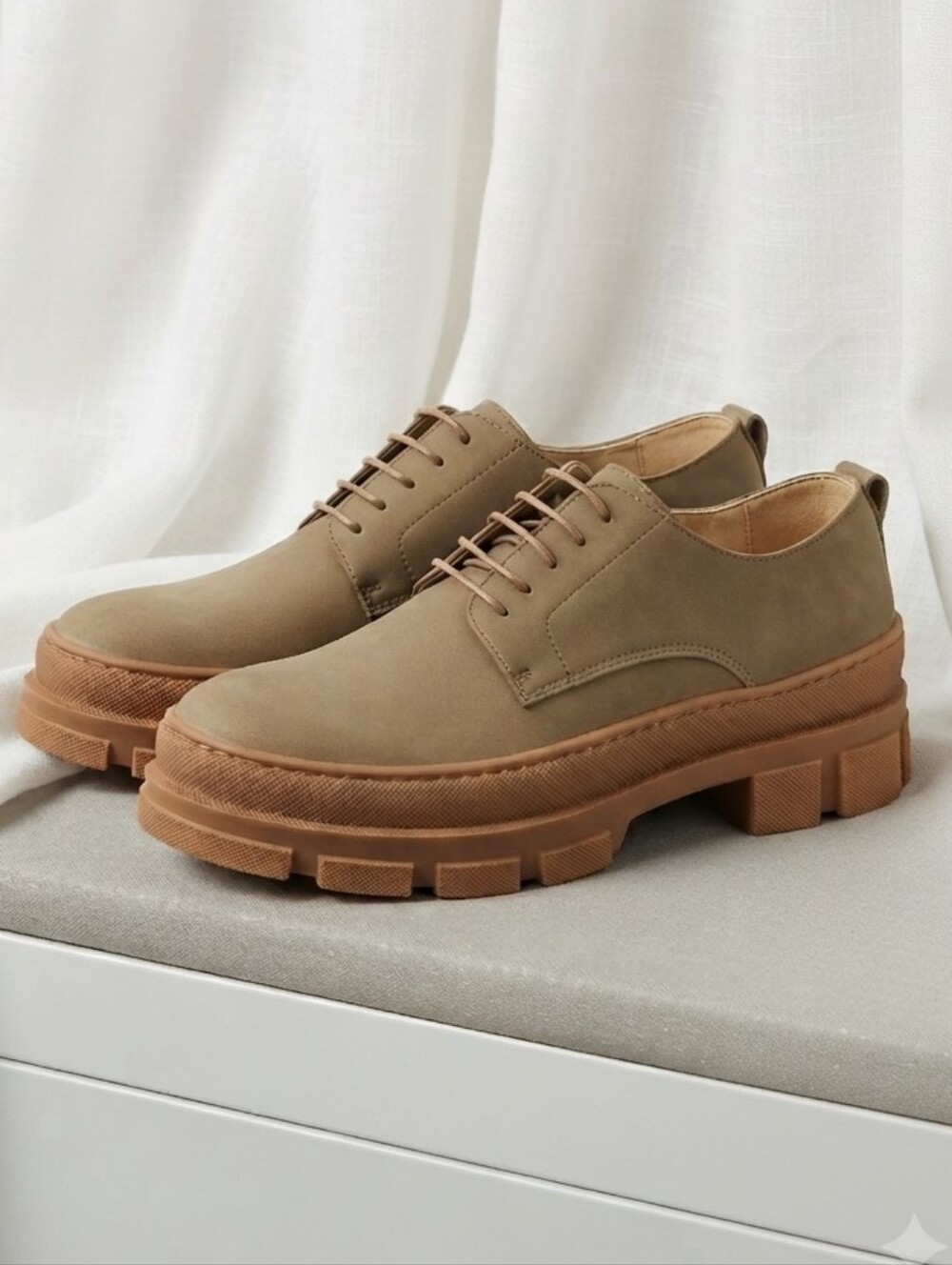 Nae Vegan Taupe Derby with Brown Lug Sole Shoes.